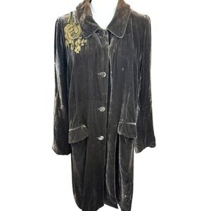 April Cornell VTGE LGE Velvet Duster Grey Green Floral Embroidered Long Jacket